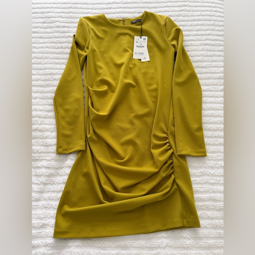 Zara Oil Green Long Sleeve Ruched Mini Dress